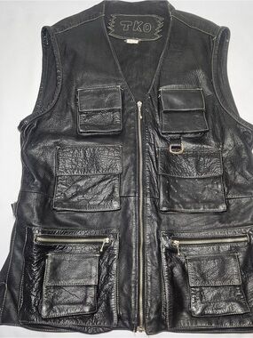 Vintage TKO Black Leather Biker Vest - Size XL (Heavy Grain, Multi-Pocket) - AS-